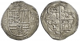s/d. Felipe II. Granada. . 4 reales. (Cal. 295). 13,75 g. Preciosa pátina. Rara y más así. MBC+.