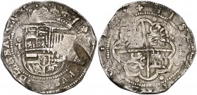s/d. Felipe II. Toledo. . 8 reales. (Cal. 259). 27,31 g. Pequeños vanos. Escasa. MBC-/MBC.