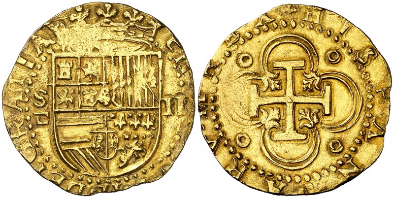 s/d. Felipe II. Sevilla. . 2 escudos. (Cal. 60) (Tauler 31). 6,70 g. Visible el ...