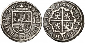 1608. Felipe III. Segovia. C. 1 real. (Cal. 472). 3,14 g. Buen ejemplar. MBC+.