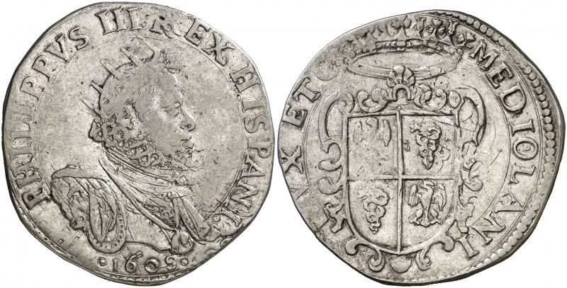 1608. Felipe III. Milán. 1 ducatón. (Vti. 34) (MIR. 340/8). 31,86 g. Acuñada sob...