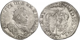 1608. Felipe III. Milán. 1 ducatón. (Vti. 34) (MIR. 340/8). 31,86 g. Acuñada sobre otra moneda. Parte de brillo original. Ex Colección Isabel de Trast...