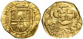 1614. Felipe III. Sevilla. V. 1 escudo. (Cal. 64 var) (Tauler 61, mismo ejemplar). 3,27 g. Doble acuñación con curiosa leyenda y el valor I sobre el e...