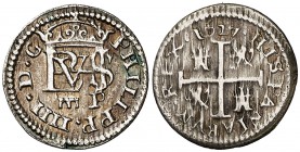 1627. Felipe IV. Segovia. P. 1/2 real. (Cal. 1195). 1,53 g. Acueducto de dos arcos. Bonito color. MBC+/MBC.