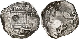 Felipe IV. (Madrid). B. 8 reales. (Kr. falta). 27,45 g. Resello de Guatemala (De Mey 716) muy raro sobre esta moneda. Fecha no visible. (MBC-).