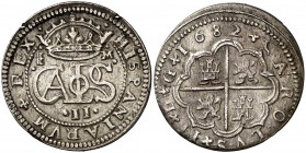 1682. Carlos II. Segovia. M. 2 reales. (Cal. 639). 7,39 g. Golpecitos. Buen ejemplar. Rara. MBC+.