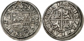 1683. Carlos II. Segovia. . 4 reales. (Cal. 543). 13,29 g. Acueducto de tres arcos. Perforación reparada. Rara. (MBC+).