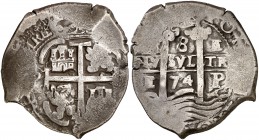 1674. Carlos II. Potosí. E. 8 reales. (Cal. 349). 28 g. Doble fecha, una parcial. MBC-.