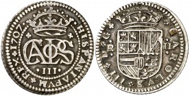 1707. Carlos III, Pretendiente. Barcelona. 2 reales. (Cal. 23). 4,89 g. MBC.