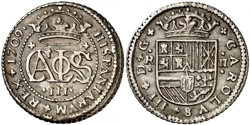 1709. Carlos III, Pretendiente. Barcelona. 2 reales. (Cal. 25). 5,18 g. Buen eje...