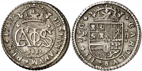 1709. Carlos III, Pretendiente. Barcelona. 2 reales. (Cal. 25). 5,18 g. Buen ejemplar. MBC+.