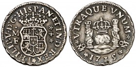 1735. Felipe V. México. MF. 1/2 real. (Cal. 1858). 1,62 g. Columnario. Atractiva. Escasa. MBC+.