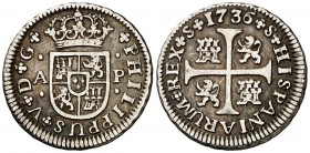 1736. Felipe V. Sevilla. AP. 1/2 real. (Cal. 1934). 1,47 g. Buen ejemplar. Escasa y más así. MBC+.
