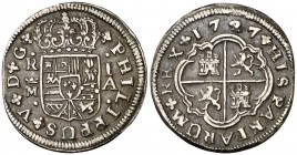 1727. Felipe V. Madrid. A. 1 real. (Cal. 1533). 2,79 g. Buen ejemplar. Escasa. MBC+.