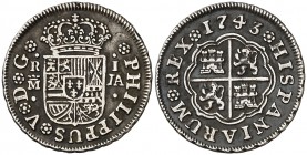 1743. Felipe V. Madrid. JA. 1 real. (Cal. 1552). 2,77 g. Pátina artificial oscura. Escasa. (MBC+).