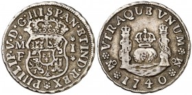 1740. Felipe V. México. MF. 1 real. (Cal. 1602). 3,23 g. Columnario. Buen ejemplar. Escasa. MBC+.