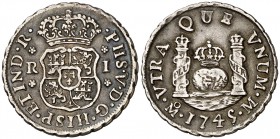 1745. Felipe V. México. M. 1 real. (Cal. 1607). 3,30 g. Columnario. Atractiva. Escasa. EBC-/MBC+.