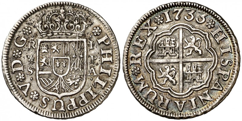 1733. Felipe V. Sevilla. PA. 1 real. (Cal. 1720). 2,96 g. Leves manchitas. (EBC-...