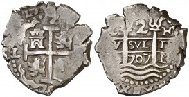 1707. Felipe V. Lima. H. 2 reales. (Cal. 1197). 5,77 g. Doble fecha, una parcial. Buen ejemplar. MBC.