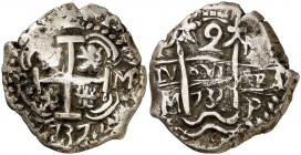 1737. Felipe V. Potosí. M. 2 reales. (Cal.1362). 6,45 g. Doble fecha y triple ensayador. Buen ejemplar. MBC+/MBC.