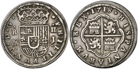 1718. Felipe V. Segovia. J. 2 reales. (Cal. 1388). 5,53 g. Acueducto de un piso. Buen ejemplar. MBC+.