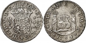 1734/3. Felipe V. México. MF. 4 reales. (Cal. 1046). 13,04 g. Columnario. Ex Colección Isabel de Trastámara 27/05/2014, nº 463. Rara. MBC+.