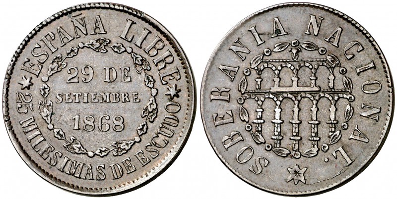 1868. Gobierno Provisional. Segovia. 25 milésimas de escudo. (Cal. 23). 6,12 g. ...