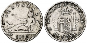 1870. Gobierno Provisional. SNM. 20 céntimos. (Cal. 22). 0,95 g. Limpiada. Escasa. MBC-.