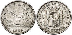 1869*1869. Gobierno Provisional. SNM. 1 peseta. (Cal. 15). 5 g. ESPAÑA. Rayitas. Rara. MBC.