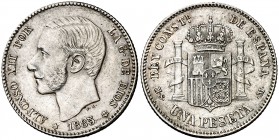 1885*1886. Alfonso XII. MSM. 1 peseta. (Cal. 62). 5 g. Buen ejemplar. Escasa. MBC+.