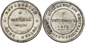 1873. Revolución Cantonal. Cartagena. 10 reales. (Cal. 7). 13,91 g. Leves golpecitos. Parte de brillo original. Rara. EBC-.