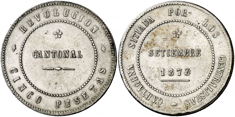 1873. Revolución Cantonal. Cartagena. 5 pesetas. (Cal. 6). 29,68 g. No coinciden...