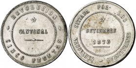 1873. Revolución Cantonal. Cartagena. 5 pesetas. (Cal. 6). 29,68 g. No coincidente. 86 perlas en anverso y 90 en reverso. Buen ejemplar. Escasa así. M...