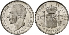 1882/1*1882. Alfonso XII. MSM. 5 pesetas. (Cal. 34). 24,95 g. Golpecitos. Buen ejemplar. Escasa. MBC+.