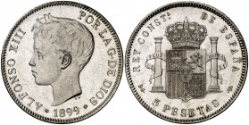 1899*1899. Alfonso XIII. SGV. 5 pesetas. (Cal. 28). 25 g. Limpiada. (EBC).