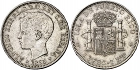 1895. Alfonso XIII. Puerto Rico. PGV. 1 peso. (Cal. 82). 24,92 g. Leves marquitas. Buen ejemplar. Rara. MBC+.