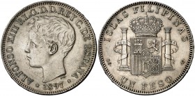 1897. Alfonso XIII. Manila. SGV. 1 peso. (Cal. 81). 25 g. Leves golpecitos. Escasa. MBC+.