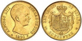 1890*1890. Alfonso XIII. MPM. 20 pesetas. (Cal. 5). 6,45 g. Escasa así. EBC.