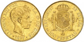 1897*1897. Alfonso XIII. SGV. 100 pesetas. (Cal. 1). 32,21 g. Golpecitos. Parte de brillo original. EBC-.