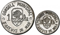 Arenys de Mar. 50 céntimos y 1 peseta. (Cal. 3). 2 monedas, serie completa. Escasas. EBC.