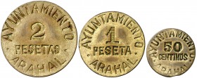 Arahal (Sevilla). 50 céntimos, 1 y 2 pesetas. (Cal. 2). 3 monedas, serie completa. Escasa. EBC-/EBC.