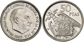 1957*58. Estado Español. 50 pesetas. (Cal. 29). 12,70 g. UNA-LIBRE-GRANDE. Rara. EBC.