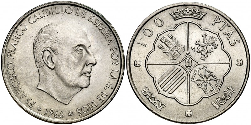 1966*1969. Estado Español. 100 pesetas. (Cal. 15). 18,96 g. Palo recto. Muy esca...