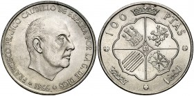 1966*1969. Estado Español. 100 pesetas. (Cal. 15). 18,96 g. Palo recto. Muy escasa. S/C-.