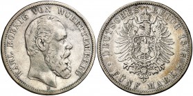 1875. Alemania. Württemberg. Carlos. F (Stuttgart). 5 marcos. (Kr. 623). 27,32 g. AG. Escasa. MBC.