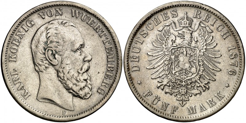 1876. Alemania. Württemberg. Carlos. F (Stuttgart). 5 marcos. (Kr. 623). 27,51 g...