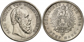 1876. Alemania. Württemberg. Carlos. F (Stuttgart). 5 marcos. (Kr. 623). 27,51 g. AG. Escasa. MBC.