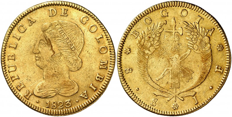 1823. Colombia. Bogotá. JF. 8 escudos. (Fr. 67) (Cal.Onza 1702) (Kr. 82.1). 26,8...