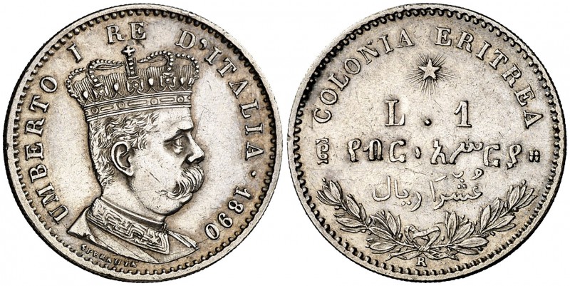 1890. Eritrea. Umberto I. R (Roma). 1 lira. (Kr. 2). 5 g. AG. Leves rayitas. EBC...