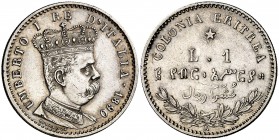 1890. Eritrea. Umberto I. R (Roma). 1 lira. (Kr. 2). 5 g. AG. Leves rayitas. EBC-.